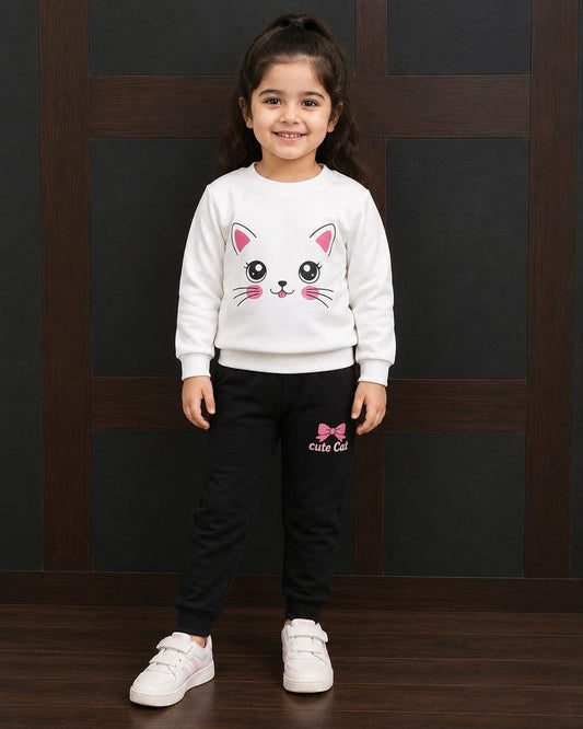 Cute Cat Girls’ Winter Tracksuit – White &amp; Black