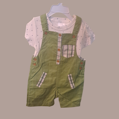 Green Strap Dungaree with white Multi doted Shirt