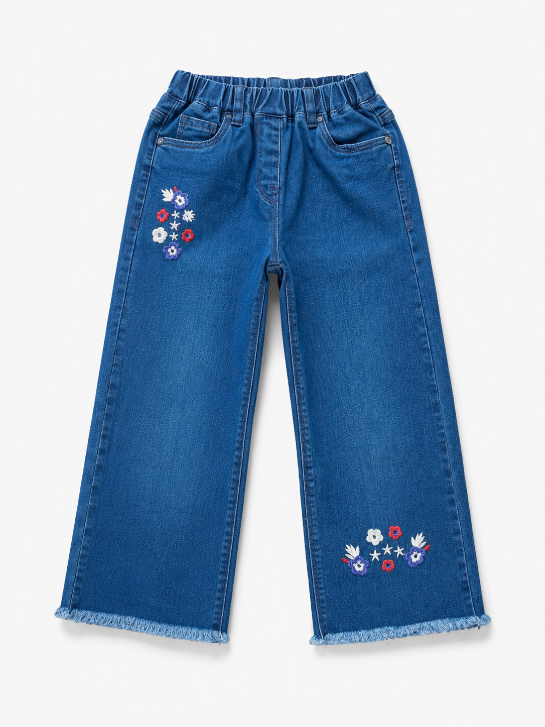 Girls Floral Embroidered Wide-Leg Blue Jeans