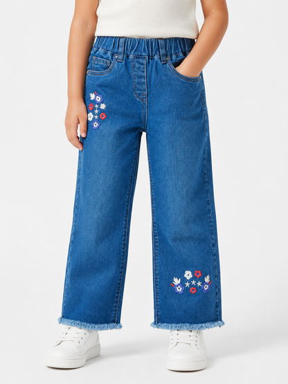 Girls Floral Embroidered Wide-Leg Blue Jeans
