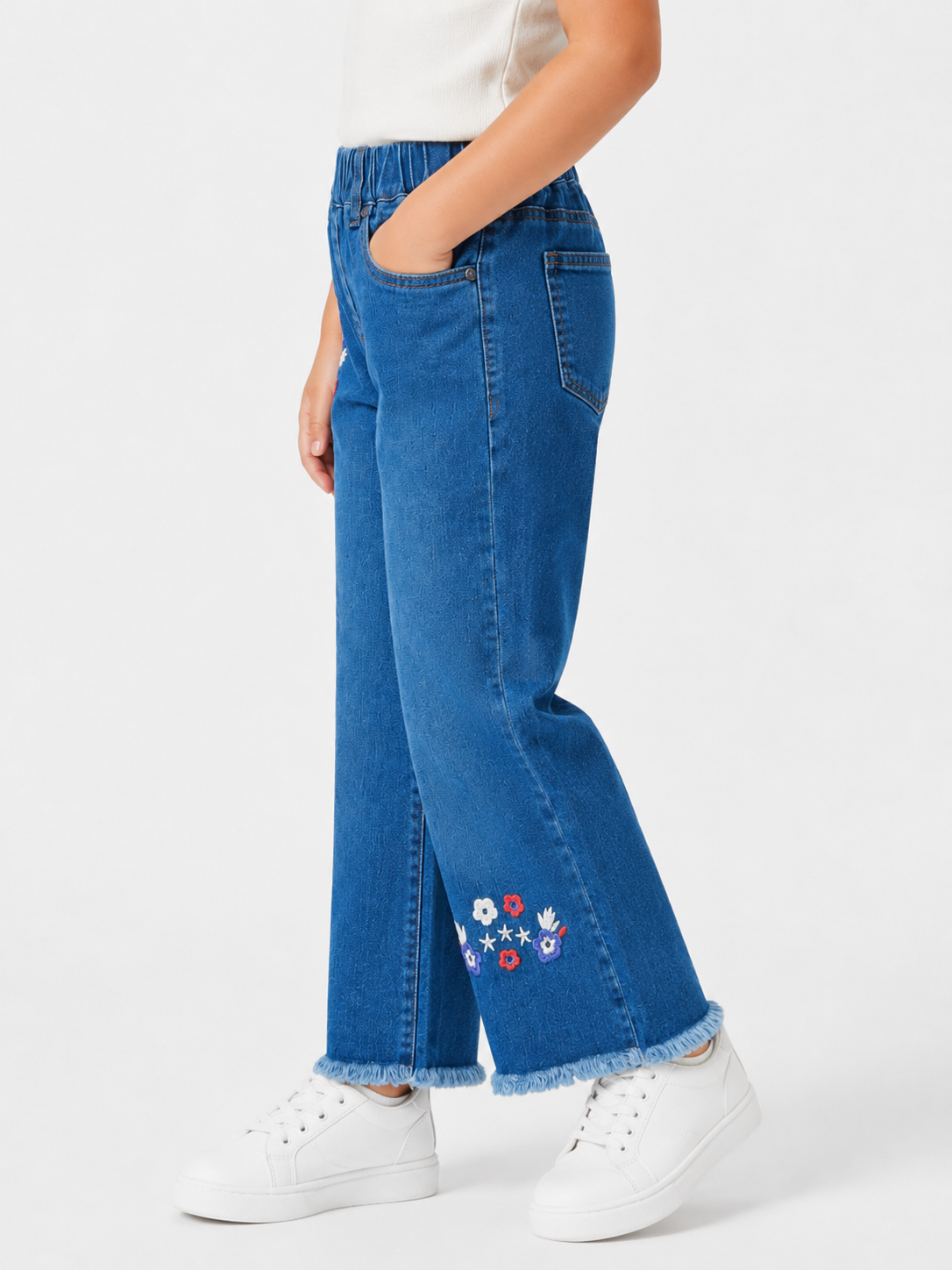 Girls Floral Embroidered Wide-Leg Blue Jeans