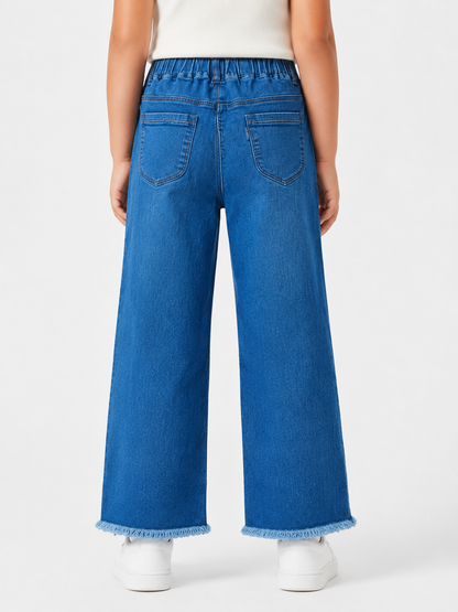 Girls Floral Embroidered Wide-Leg Blue Jeans