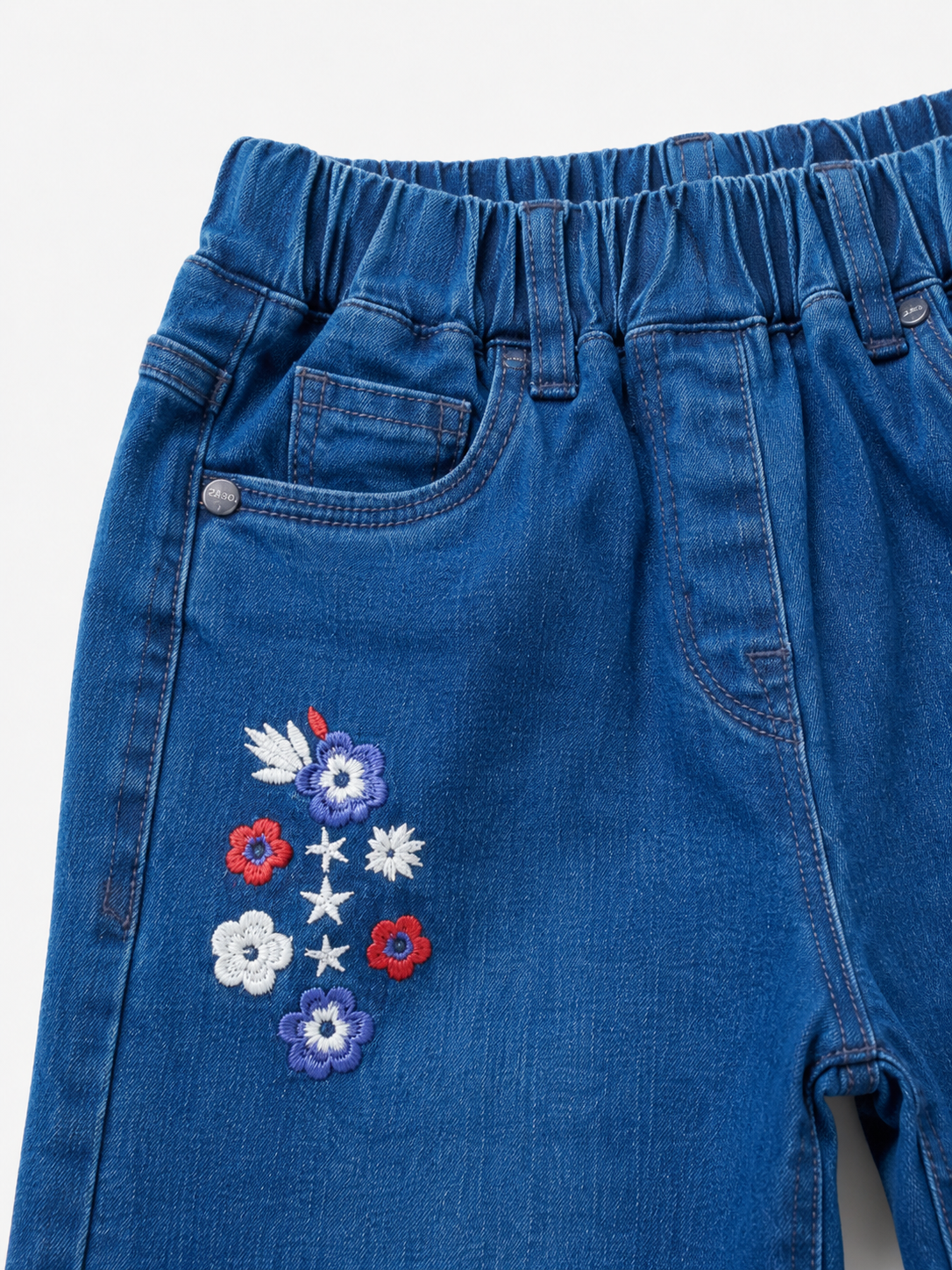 Girls Floral Embroidered Wide-Leg Blue Jeans