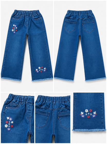 Girls Floral Embroidered Wide-Leg Blue Jeans
