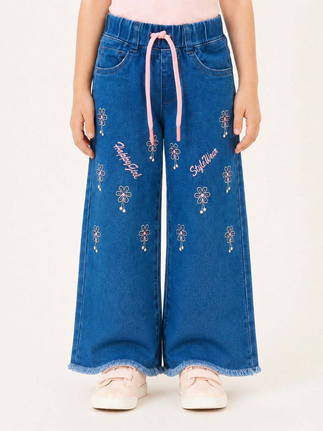 Girls Floral Embroidered Wide-Leg Denim Jeans with Pink Drawstring