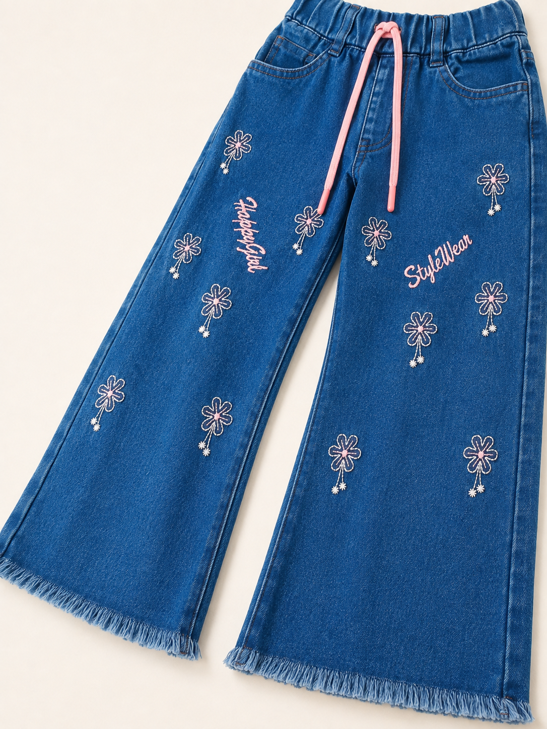 Girls Floral Embroidered Wide-Leg Denim Jeans with Pink Drawstring
