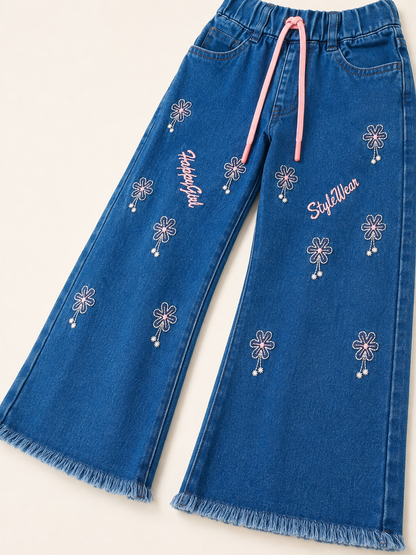 Girls Floral Embroidered Wide-Leg Denim Jeans with Pink Drawstring