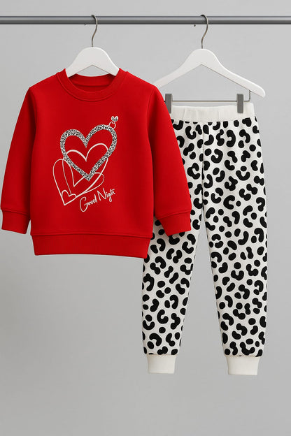 Girls’ Heart Print Red Sweatshirt & Black-White Pants Set