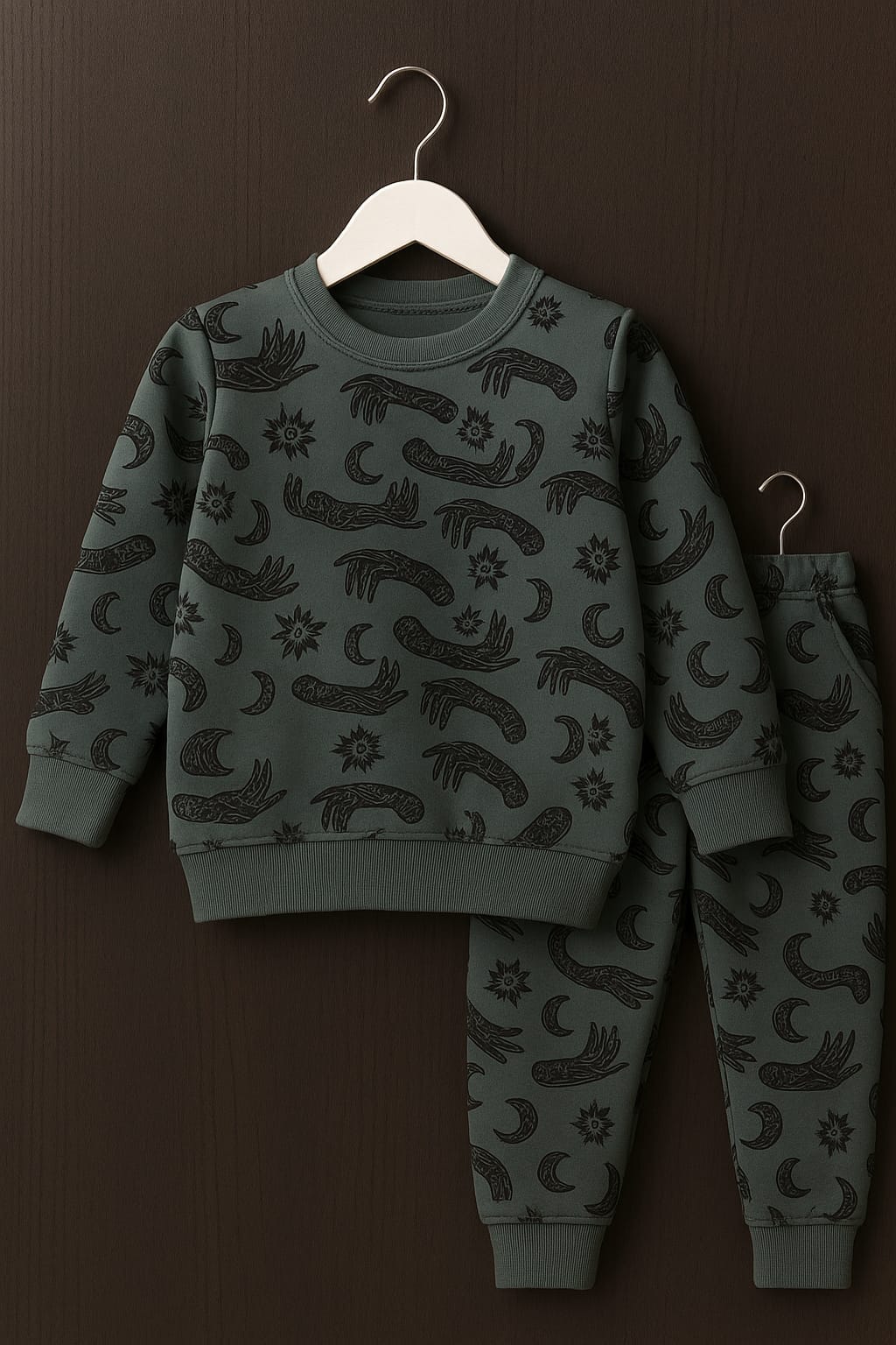 Kids Dark Green Star & Moon Printed Sweatshirt and Trouser Set