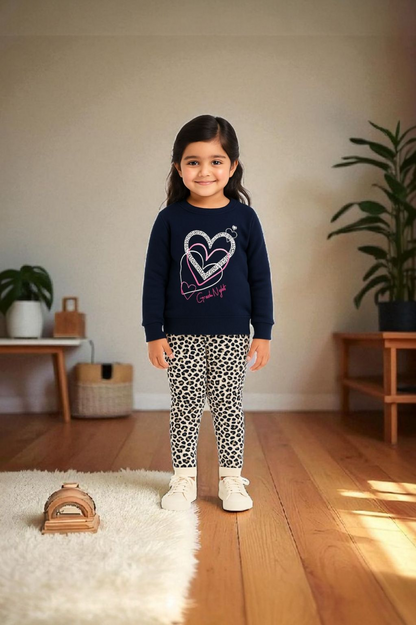 Girls’ 2-Piece – Navy Heart Top & Leopard Print Pants