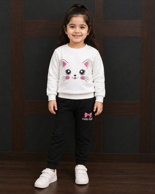 Cute Cat Girls’ Winter Tracksuit – White &amp; Black