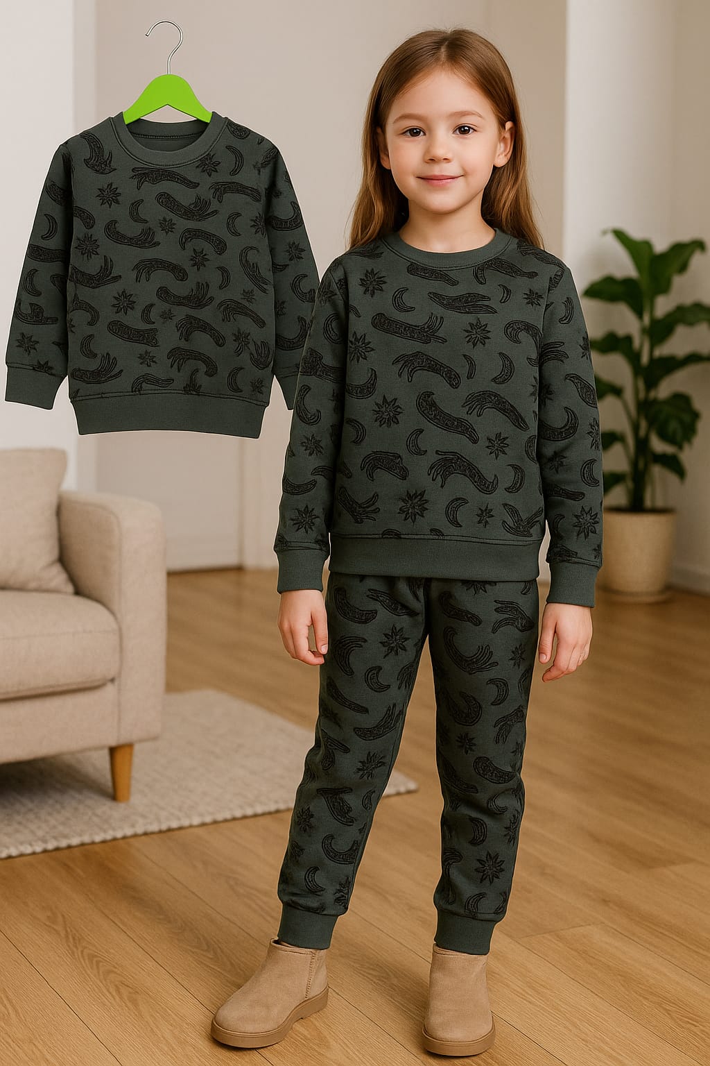 Kids Dark Green Star & Moon Printed Sweatshirt and Trouser Set