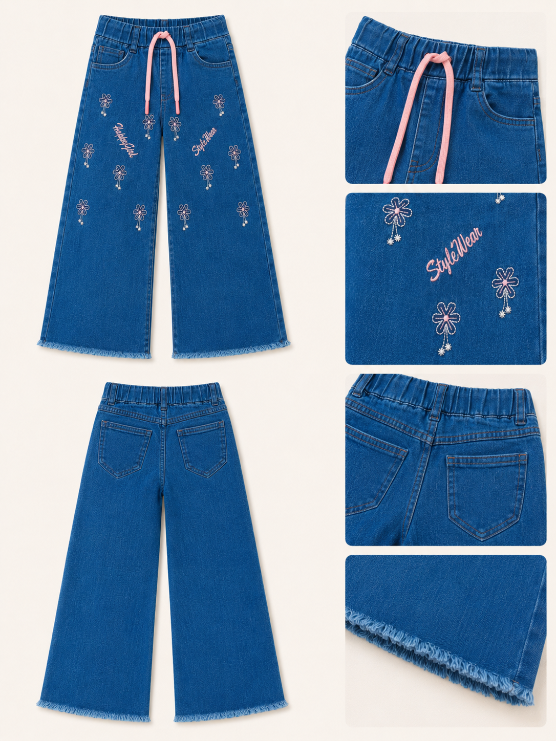 Girls Floral Embroidered Wide-Leg Denim Jeans with Pink Drawstring