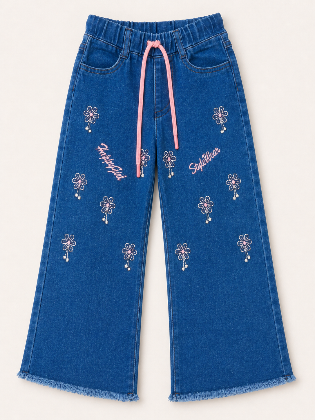 Girls Floral Embroidered Wide-Leg Denim Jeans with Pink Drawstring