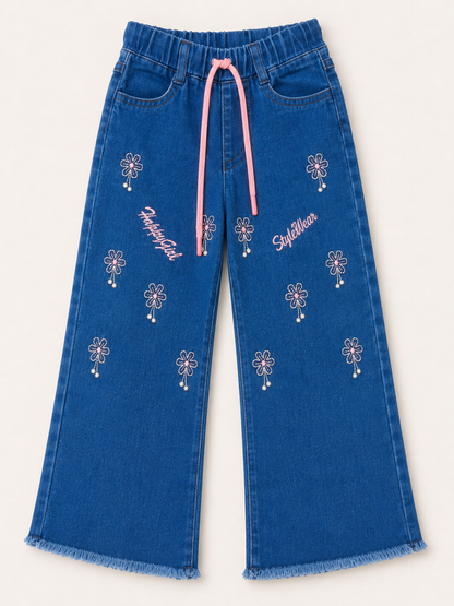 Girls Floral Embroidered Wide-Leg Denim Jeans with Pink Drawstring