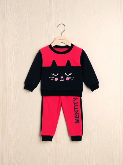 Cute Cat Print Girls’ Tracksuit Set – Black & Pink