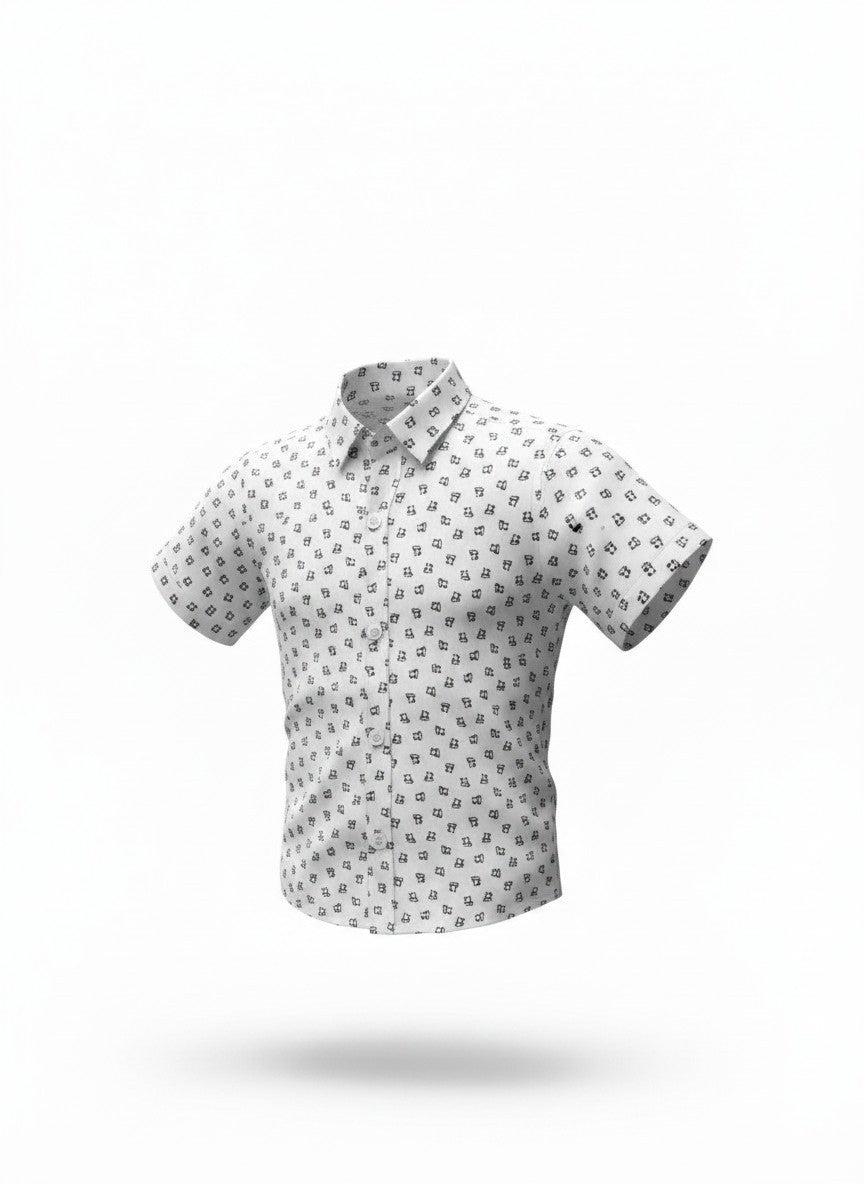 Boys White Printed Short Sleeve Shirt