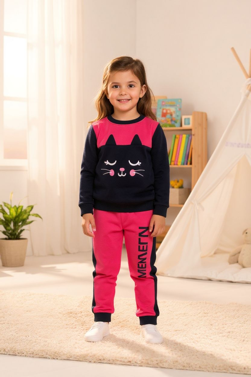 Cute Cat Print Girls’ Tracksuit Set – Black & Pink
