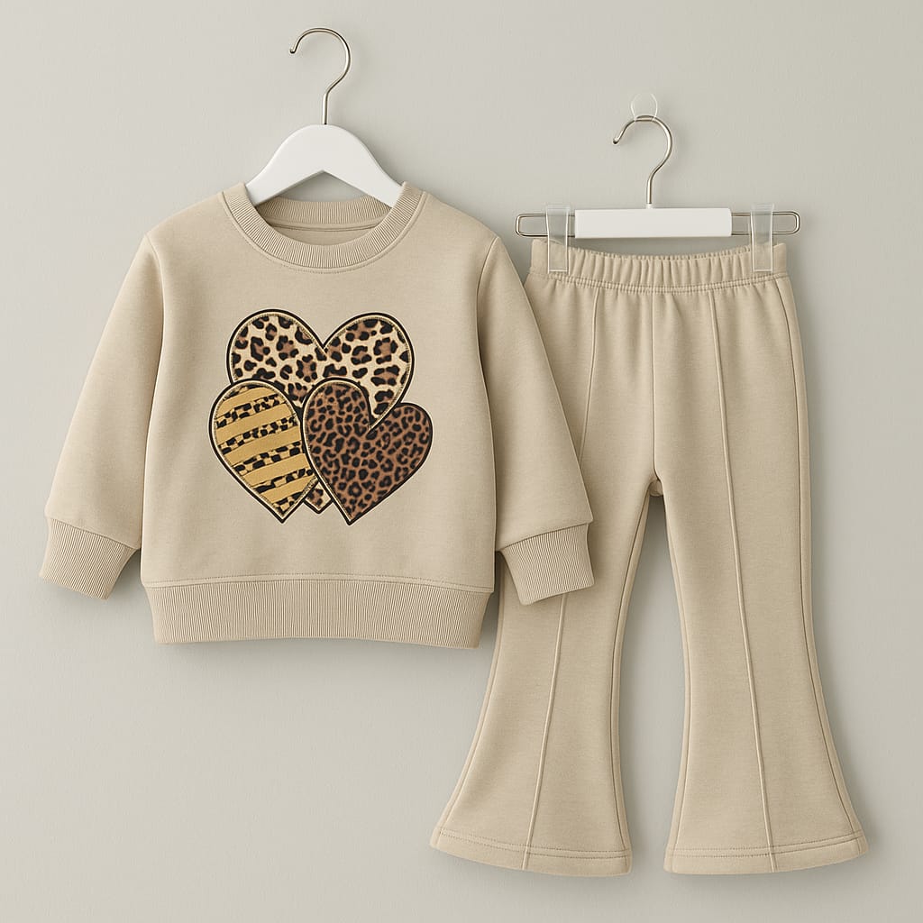 Girls’ Cozy Beige Tracksuit with Heart Print