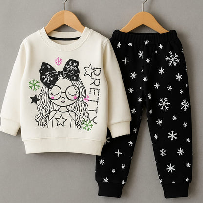 Pretty Girl Printed Sweatshirt & Snowflake Trouser Set for Girls