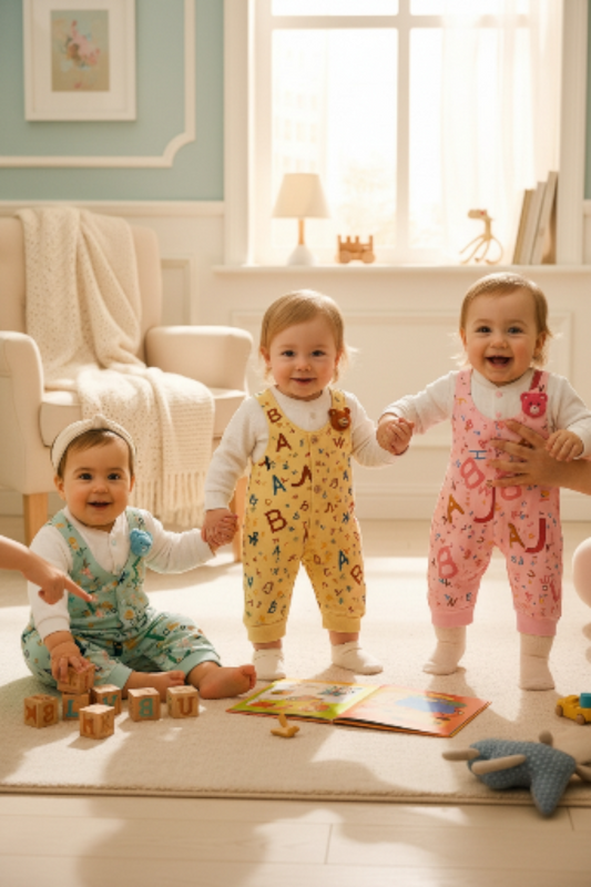 🌈 Baby Printed Dungaree Romper – Available in 3 Colors