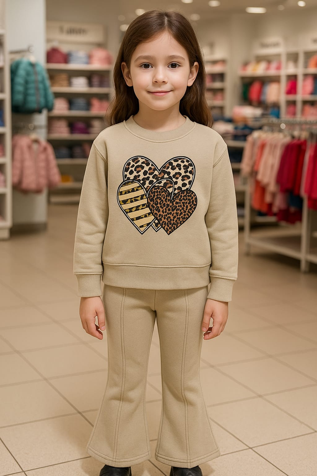 Girls’ Cozy Beige Tracksuit with Heart Print