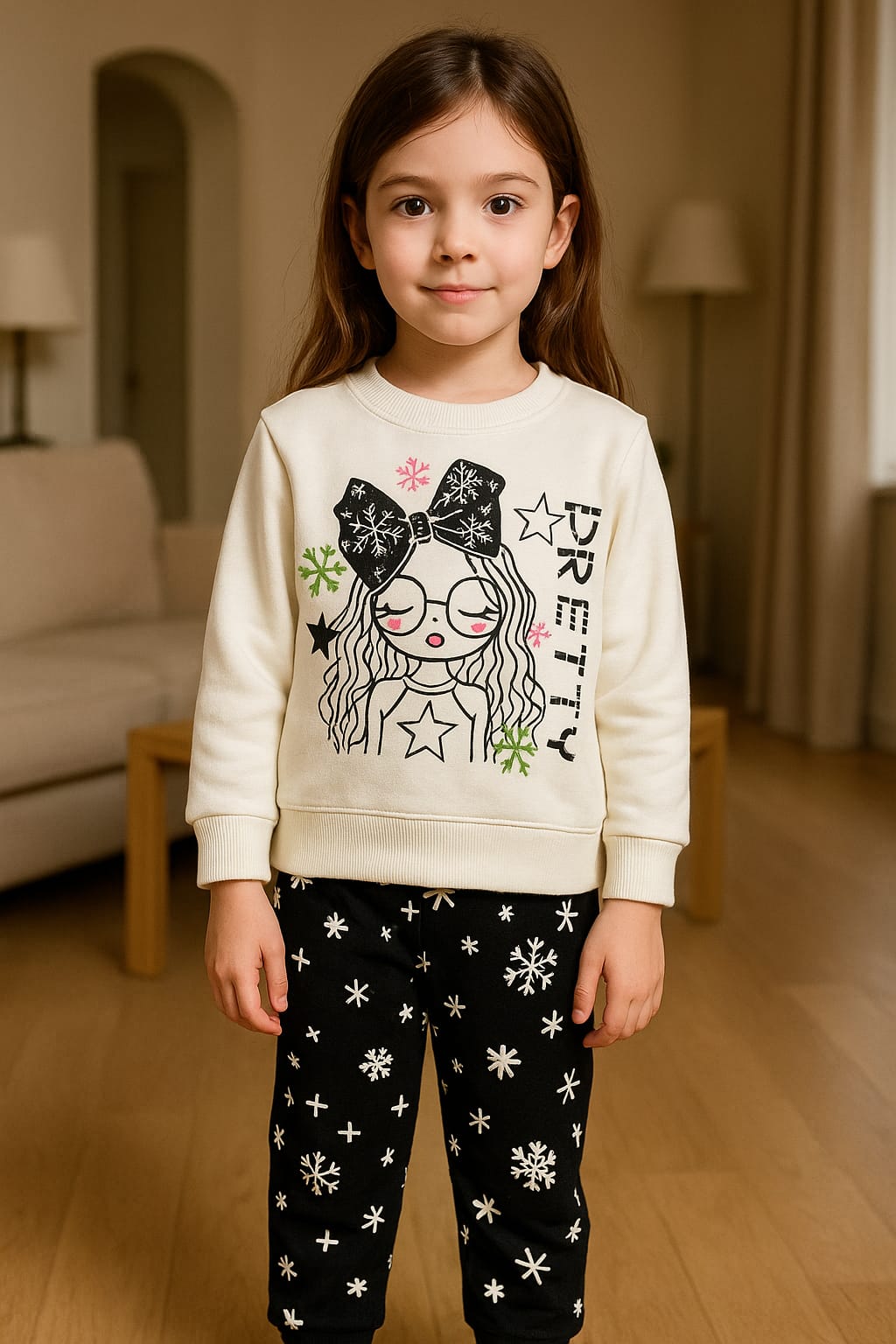 Pretty Girl Printed Sweatshirt & Snowflake Trouser Set for Girls