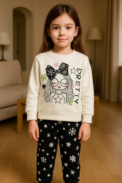 Pretty Girl Printed Sweatshirt & Snowflake Trouser Set for Girls