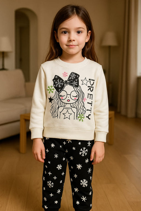 Pretty Girl Printed Sweatshirt & Snowflake Trouser Set for Girls
