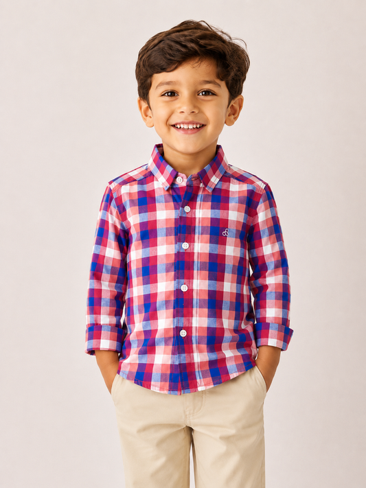 Kids Red & Blue Checkered Cotton Casual Shirt