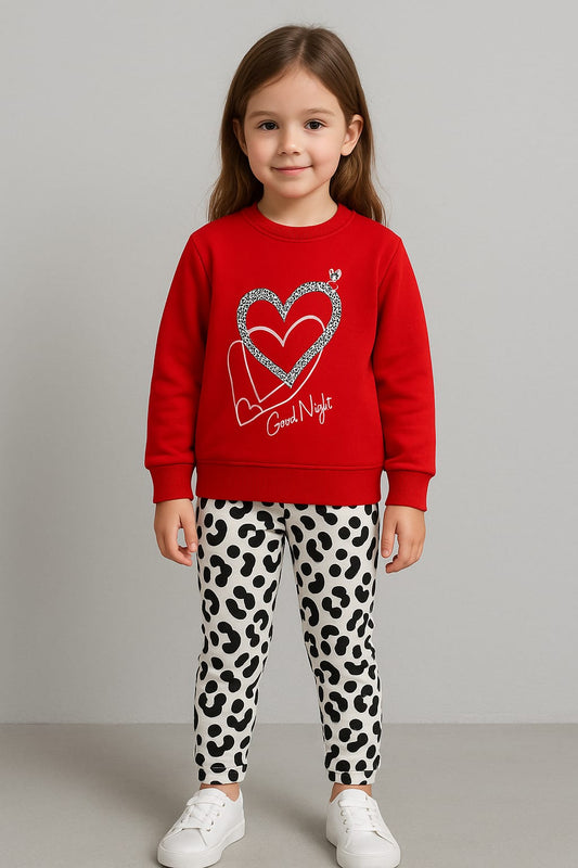 Girls’ Heart Print Red Sweatshirt & Black-White Pants Set