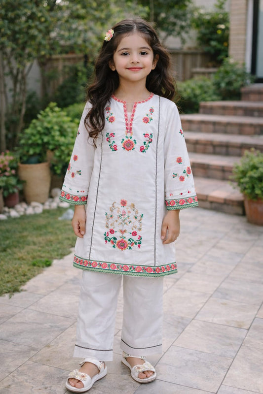 Girls' Ivory Floral Embroidered Kurta & Trouser Set