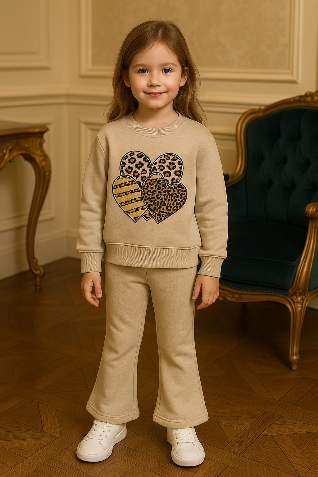 Girls’ Cozy Beige Tracksuit with Heart Print